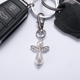 Ralukiia Safe Travels Pearl Angel Charm Keychain – Travel Blessing Good Luck Guardian Angel, Protection Pearl Charm for Backpack, Luggage, Car, Gift for Travel Lovers
