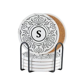 Onebttl Monogrammed Coaster Gifts Set of 6, Initial Letter, Ceramic, Absorbent with Cork Base, Home Decor for Family, Housewarming, Thanksgiving, Friends, Birthday, Christmas - S