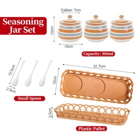 Orkim Kitchen Ceramic Condiment Jars with Lids and Spoons, 3 Piece Porcelain Seasoning Jar Set for Salt Spice Pepper Suger Bowl, Coffee Tea Container Pot with Serving Tray - Orange Round