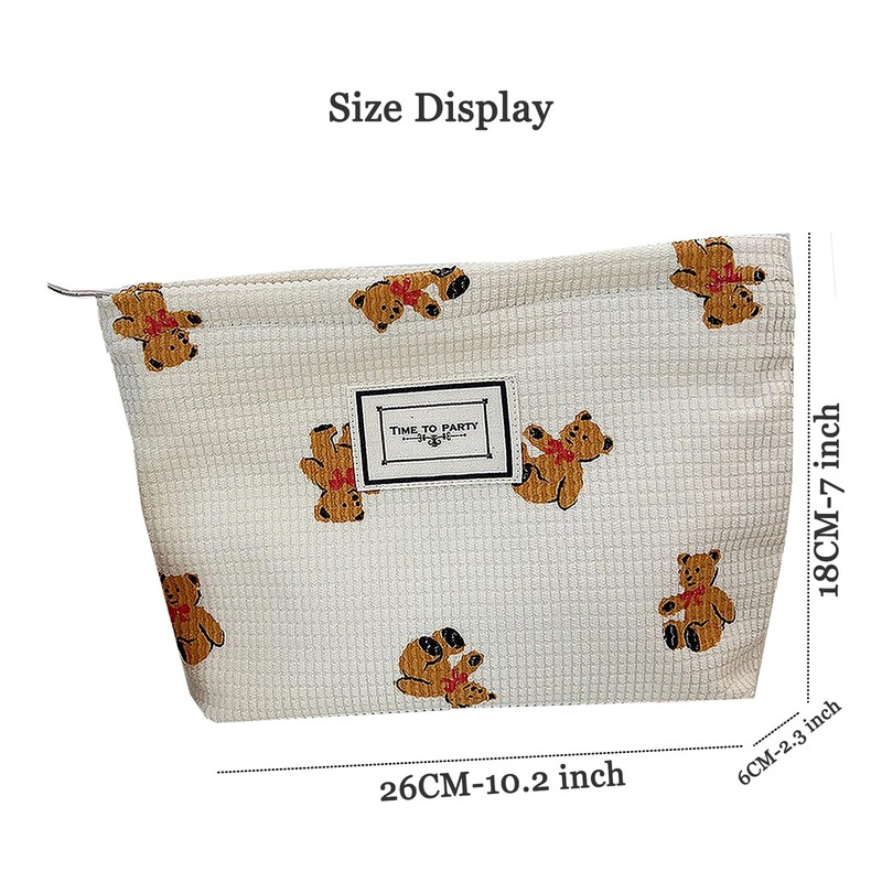 Gidary Cosmetic Bag Makeup Bag Preppy Cute Teddy Bear Corduroy