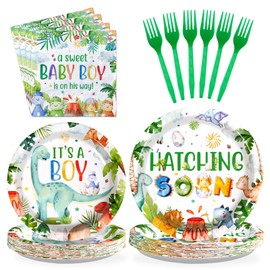 Grencian 96Pcs Dinosaur Baby Shower Decorations Watercolor Dinosaur Plates and Napkins Disposable A Sweet Baby Boy Is On The Way Tableware for Dino Baby Shower Its a Boy Party Supplies, Serves 24