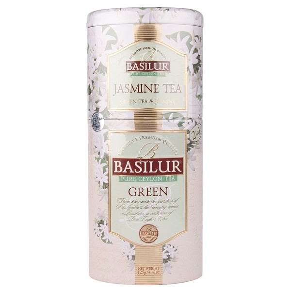 Basilur 2 in1 green tea & jasmine "Jasmine tea" and "Green" from Fruit and Flowers Collection in Metal Caddy Loose 125g