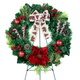 Sympathy Silks Wreath Decoration - Winter Forest Wreath with Berries and Poinsettia - Artificial Christmas Wreath on 30 Inch Easel
