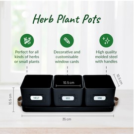 volila Herb Planter Indoor - Set of 3 Black Indoor Herb Garden Pots for Plants with Leather Handled Tray - Window Sill Plant Shelf - Herb Pots with Drainage Holes and Labels
