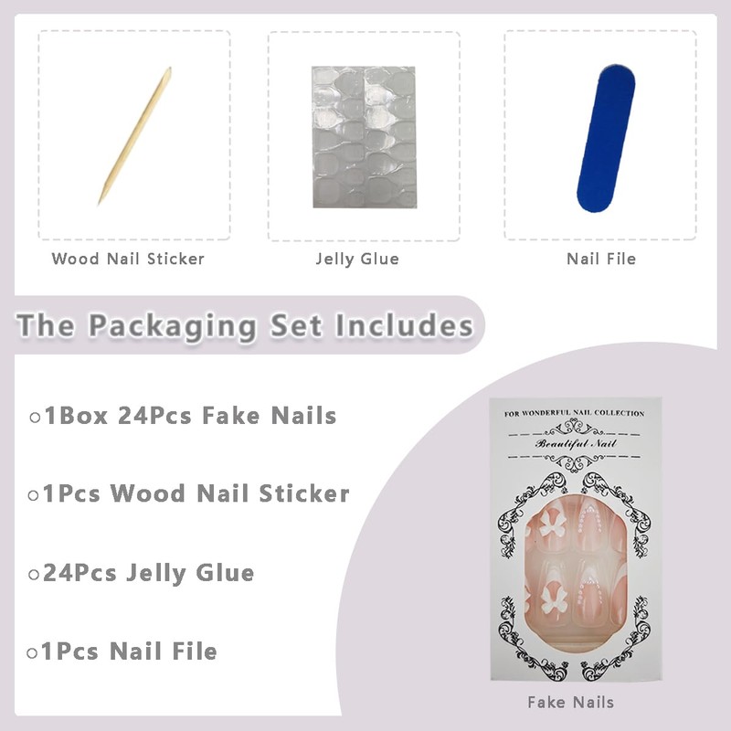 24Pcs White French Tip Press on Nails Short Almond Fake