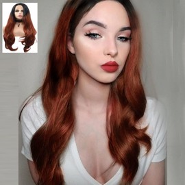 Auburn Lace Front Wigs for Women Black Roots Ombre Brown Long Wavy Synthetic Hair Full Hairline Glueless Heat Resistant Cosplay Party Daily Summer 24 Inch