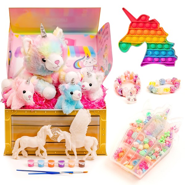 COASTLINE CRAFT Caticorn Giftset - A Showcase Gift for Girls w/Kittycorn Unicorn Crafts & Kitty Toys for Girls-4 Cat Stuffed Animals, Unicorn Painting, Jewelry Kit & More