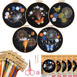 Acidea 5 Sets Beginner Embroidery Kit for Adults, DIY Cross Stitch Kit with Firework Embroidery Patterns, Punch Needle Embroidery Kit, Hand Embroidery Kit