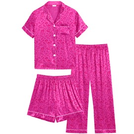SWOMOG Kid's Silk Pyjamas 3 Piece Girls Boys Satin Pyjamas Set Button-Down PJs Sets Soft Lounge Sets Short Sleeve Sleepwear