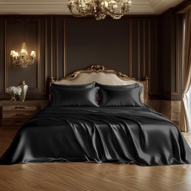 Degrees of Comfort Satin Bed Sheets Set Twin Size 4 Pcs, Black Silky and Luxuriously Soft Sheet, 14 inches Deep Pocket, Similar to Silk Sheets, 1 Fitted Sheet,1 Flat Sheet,2 Pillowcases