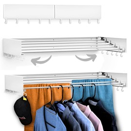 Zetez Wall Mounted Laundry Drying Rack, Retractable & Foldable, 31.5" Wide, 13.2 Linear Ft, 5 Heavy-Duty Aluminum Rods, 60 lb Capacity, Space-Saving Design, Easy Installation, Indoor/Outdoor (White)