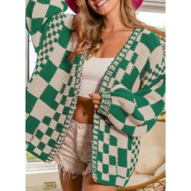 SELINK Women's Cardigan Sweater Vintage Green Beige Open Front Mixed Checkered Pattern Chunky Knit Plaid Long Sleeve Daily Outwear L