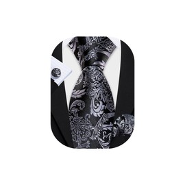 Barry.Wang Mens Silk Paisley Tie Set Black Silver Necktie Pocket Square Cufflinks Set