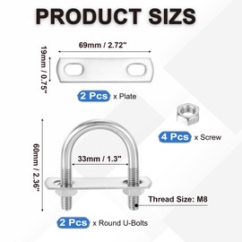 PATIKIL Round U-Bolts, 2 Pcs 1.3"(33mm) Inner Width 60mm Length M8 with Nut Plate Washer 304 Stainless Steel Round Bend U-Bolts for Boat Trailer Axle Sailboat