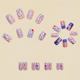 Independence Day Press on Nails Short Square False Nails with Floral Designs Red Blue American Flag Fake Nails Cute Stick on Nails Full Cover 4th of July Acrylic Nails for Women Girls Manicure 24Pcs