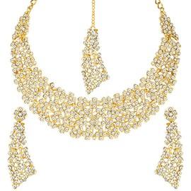 Aheli Elegant Wedding Party Faux White Stones Necklace with Maang Tikka Ethnic Indian Fashion Jewelry Set Gift for Women