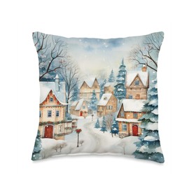 Christmas tree covered with snow and countryside Winter Christmas Tree Covered with Snow and Country Throw Pillow, 16x16, Multicolor