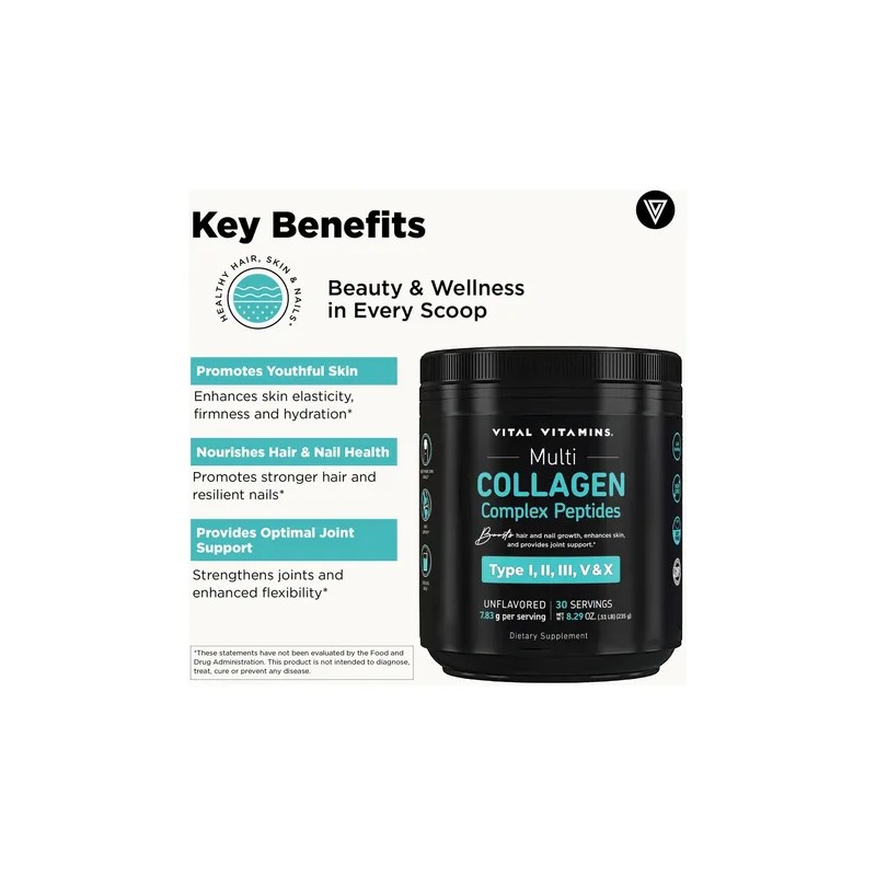 Vital Vitamins Colágeno Múltiple Polvo Sin Sabor 8.25-onzas