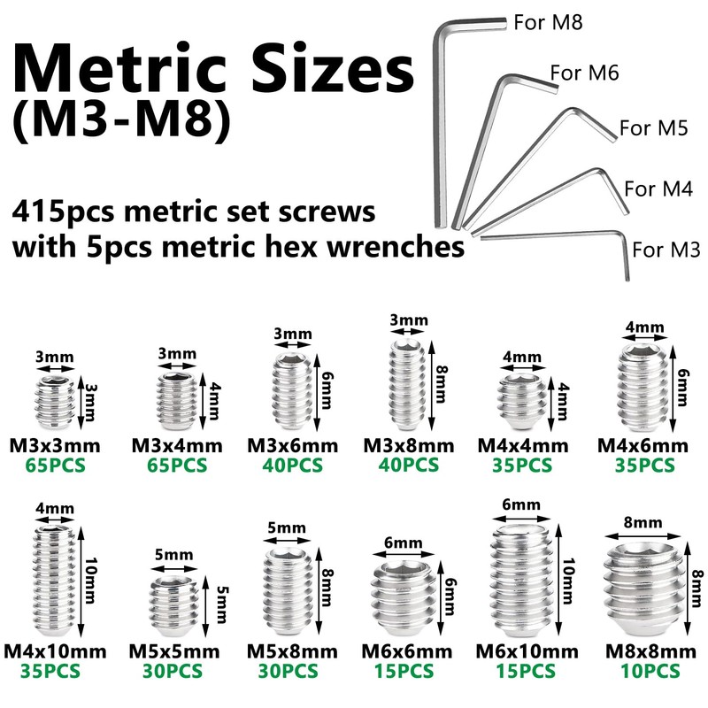 Aienxn 710PCS Metric +SAE 304 Set Screw Assortment Kit, Hex