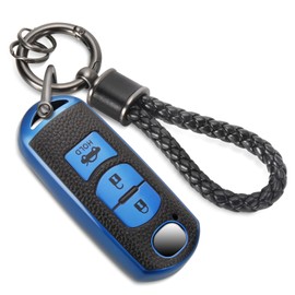 CTRINEWS for Mazda Key Fob Cover with Metal Braided Rope Keychain, Upgraded TPU Surface Grain Case for CX-3 CX-5 CX-7 CX-9 Mazda 3 6 MX-5 Miata (3 buttons) (Blue, A2)