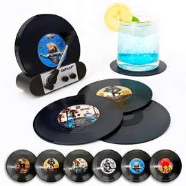 Funny Retro Vinyl Record Coasters, Creative Drink Coasters Set of 6 with Vinyl Record Player Holder for Music Lovers, Housewarming Hostess Gifts, Birthday and White Elephant Gifts Ideas