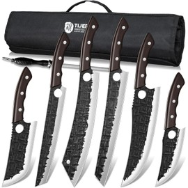 TIJERAS Butcher Knife Set, Hand Forged BBQ Viking Meat Cleaver Knives, Professional Chef Knife Set with Roll Bag for BBQ, Camping, Birthday Gifts for Men Women