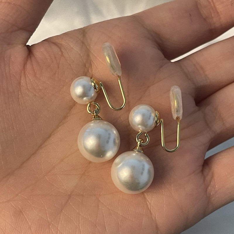 OWADAR Pearl Clip on Earrings 18K Gold Plated Double Balls