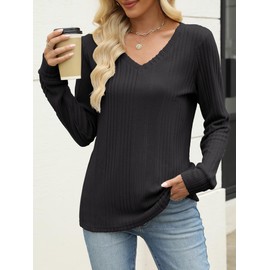 ANRABESS Womens V Neck Sweaters 2025 Fall Long Sleeve Shirts Lightweight Ribbed Knit Basic Casual Office Work Tunic Tops Black Medium