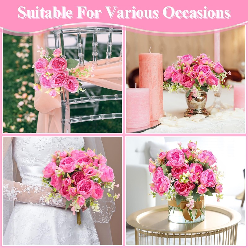 4 Bundles Artificial Peony Faux Flowers, Silk,Pink
