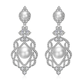 QUKE Silver Tone CZ Austrian Crystal Simulated Pearl Water Drop Bridal Wedding Dangle Drop Earrings For Women Girls, Crystal, Crystal