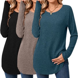 Ficerd 3 Pack Women's Curved Hem Long Sleeve Sweaters, Side Split Crew Neck Tunic Tops Loose Fit Shirts Basic Pullover(Peacock Blue, Coffee, Black,Large)