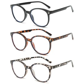 Reading Glasses for Women,3 Pack Retro Classic Round Readers with Spring Hinge Blue Light Blocking Computer Eyeglasses (Black+Lepoard+Brown,+2.0)
