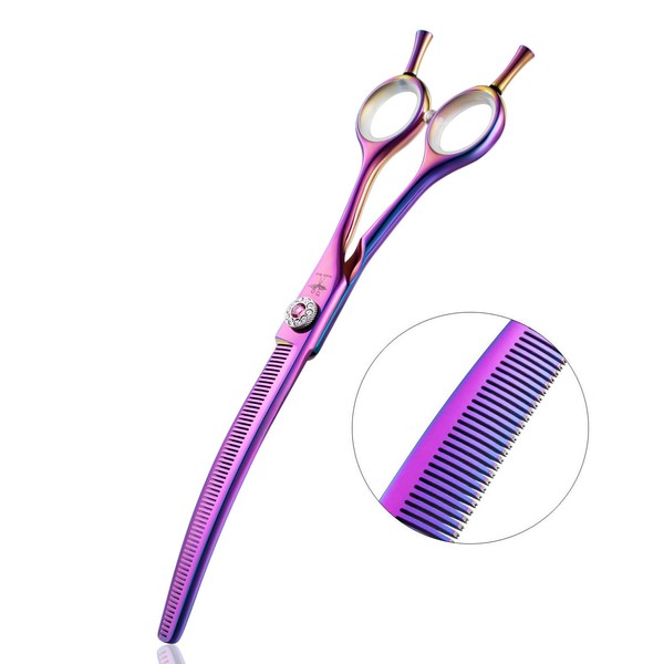 PURPLEBIRD 7 Inch Downward Curved Dog Grooming Scissors Thinning Texturizing Shears Professional Safety Blunt Tip Trimming Shearing for Dogs Cats Face Paws Limbs Japanese Stainless Steel Purple