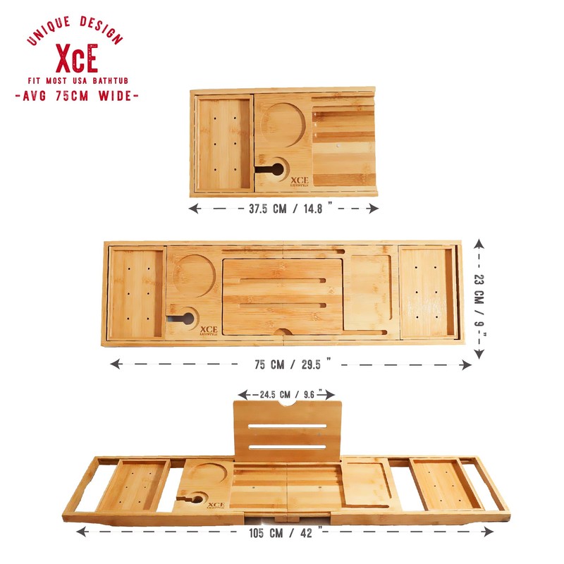 XcE Foldable Bamboo Bathtub Caddy Tray - Expandable to 41