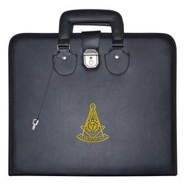 Masonic Past Master Apron Case – Machine Embroidered (Black Leather), MM Provincial Size | Freemason Carrying Bags (Gold Emblem)