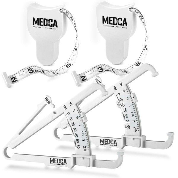 Body Tape Measure and Skinfold Caliper for Body - 4 Piece Set - Skin Fold Body Fat Analyzer and BMI Measurement Tool, White