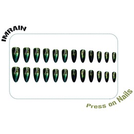 IMRAIN Medium Press on Nails Almond Fake Nails Full Cover Green Cat's Eye Acrylic False Nails Glossy Stick on Nails for Women Girls 24Pcs