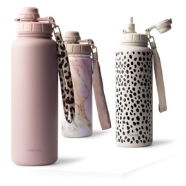 MAMEIDO Thermosflasche mit Strohhalm 1,2l - auslaufsichere Trinkflasche Edelstahl isoliert, Wasserflasche BPA-frei mit Trageschlaufe, Water Bottle Sport (Powder Blush, 1200ml)