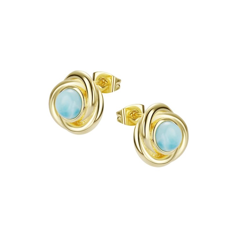 Larimar Stone Stud Earrings for Women, Gold Plated Brass (Love