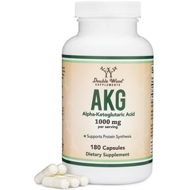 Suplemento AKG (ácido alfa cetoglutárico) 1000 mg por porción (180 cápsulas) diferente y puede ser más eficaz que AAKG (recientemente estudiado para propiedades antienvejecimiento) por Double Wood Supplements