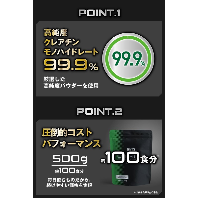 REYS レイズ クレアチン パウダー 500g 山澤礼明 監修【使用目安 約100回分】クレアチンモノハイドレート（国内製造）100%使用 ノンフレーバー