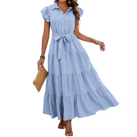 dowerme Ladies Dress 2025 Ruffle Cap Sleeve Button Down V Neck Tie Waist Plain Pleated Tiered Boho Flowy A-Line Dresses(Sky Blue,Medium)