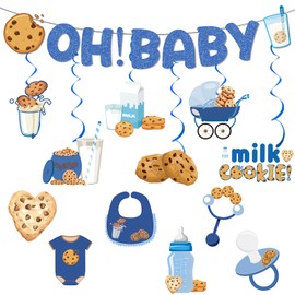 Oh Baby Banner Blue Glitter with Hanging Swirls Stickers, Milk and Cookies Baby Shower Decorations Party Supplies