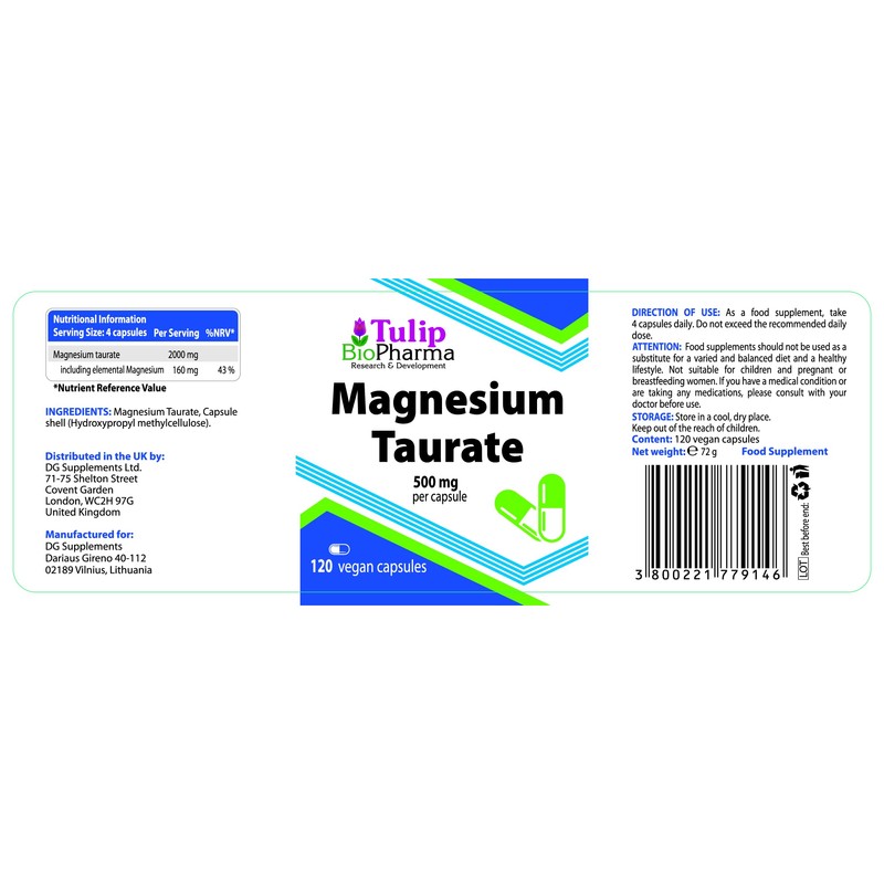 Magnesium Taurate 2000mg Per Serving 120 Vegan Capsules, 3rd Party