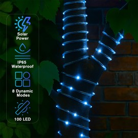 ANJAYLIA 33FT 100 LED Solar Rope Lights Outdoor Waterproof, Solar Powered Rope String Lights with 8 Modes for Outdoor, Patio, Garden, Camping, Holiday & Christmas Décor Blue