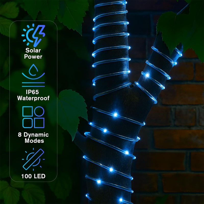ANJAYLIA 33FT 100 LED Solar Rope Lights Outdoor Waterproof, Solar