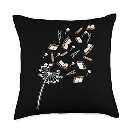 Cute Dandelion Books And School Tools Flower Throw Pillow