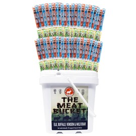 PEARSON RANCH SINCE 1959 The Meat Bucket - Assorted Game Meat Sticks Variety Pack of 96 (1oz sticks, 24 each) Elk, Buffalo, Venison, Wild Boar - Low-Carb, Gluten-Free, High-Protein, Keto Friendly Individually Wrapped Jerky Sticks