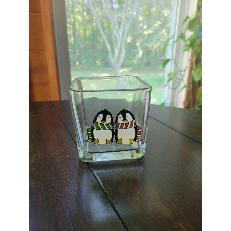 Winter Penguin Couple Glass Square Candle Holder Seasonal Home Decor