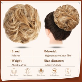 Sofeiyan Claw Clip Messy Bun Hairpieces Wavy Curly Hair Bun Clip in Claw Chignon Ponytail Hairpiece Tousled Updo Hair Extensions Synthetic Scrunchie Hair Piece for Women, Honey Blonde/Platinum Blonde